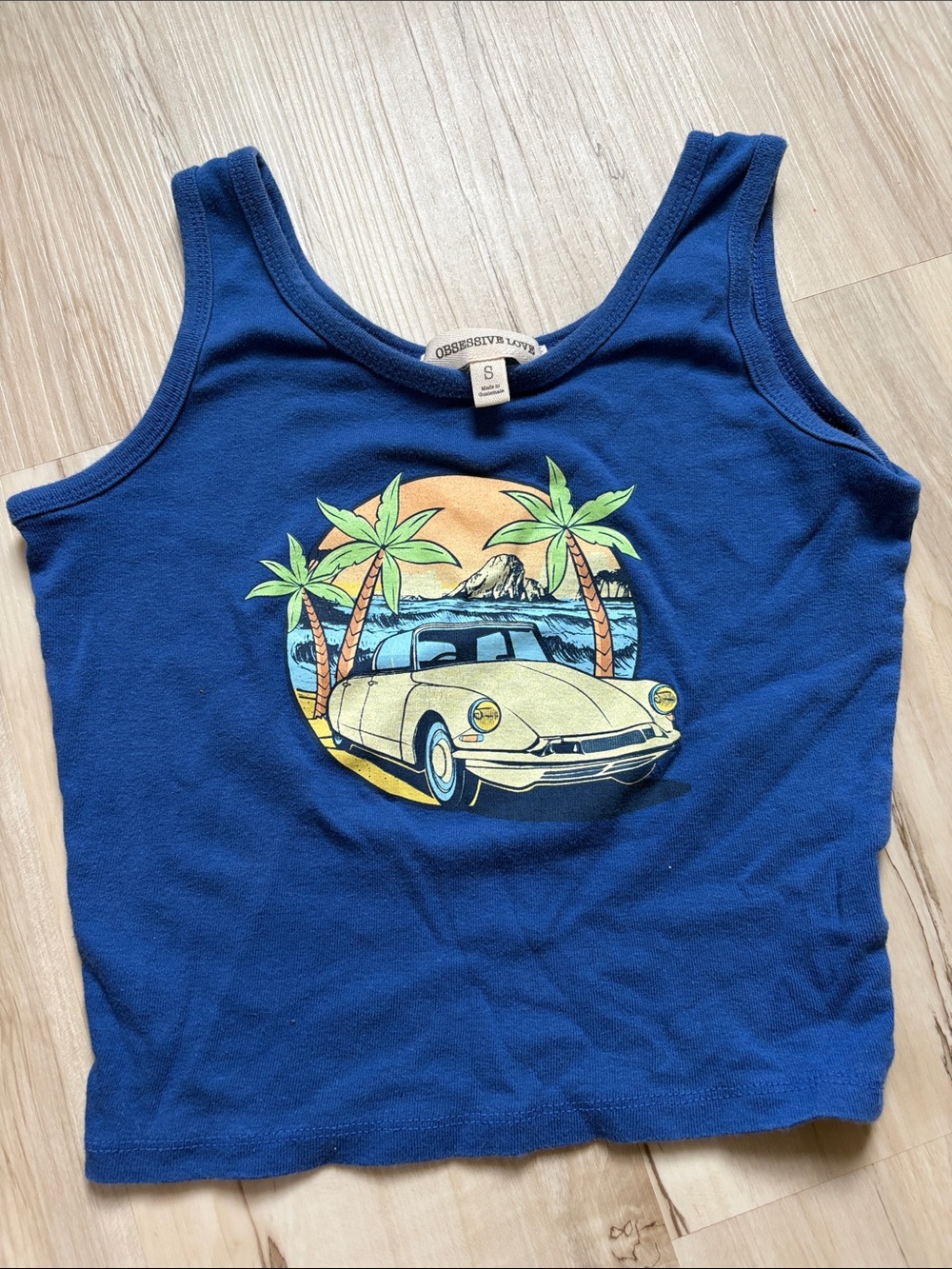 Obsessive Love Blue Graphic Tank Top - Palm Tree & Car Design